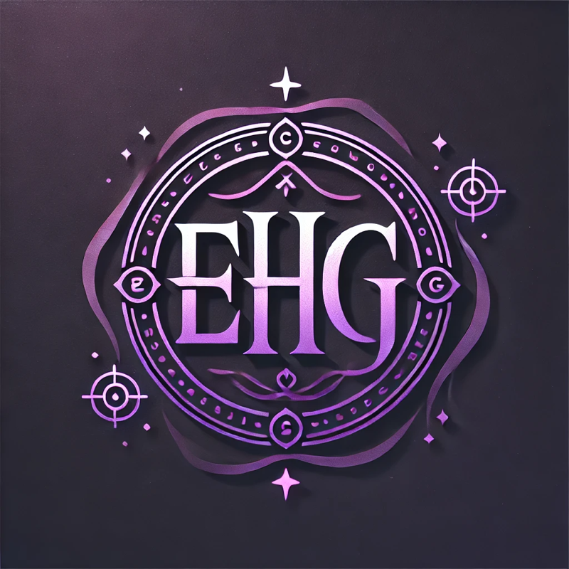 EHG logo featuring bold purple letters encircled by glowing runes, intricate fantasy symbols, and ethereal accents, representing E. Hope Grove’s author brand and her epic fantasy storytelling