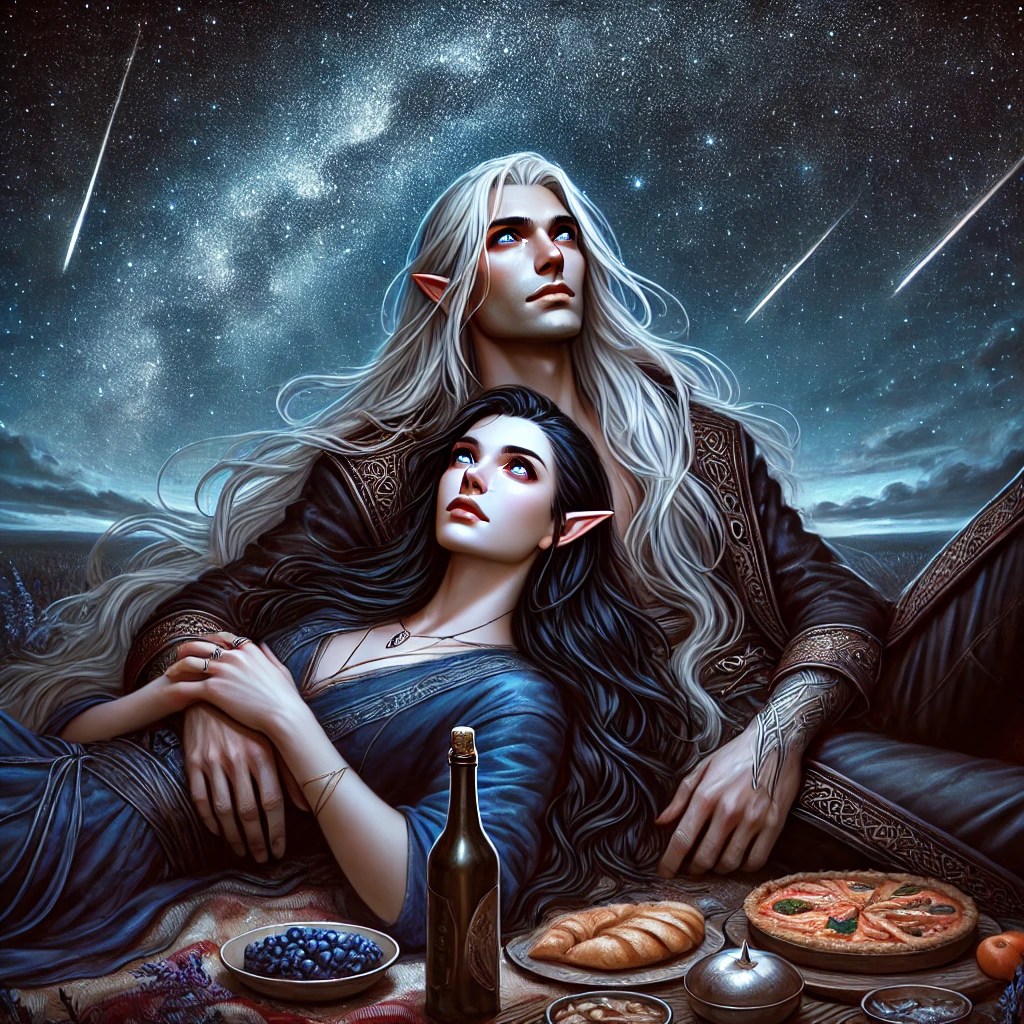 Fantasy illustration of an Elven warrior woman and a silver-haired Elven man beneath a starry sky. They sit together on a cliffside, surrounded by a small picnic, gazing at the night sky. The scene captures a moment of quiet intimacy and slow-burn romance, inspired by the novel Arys.”