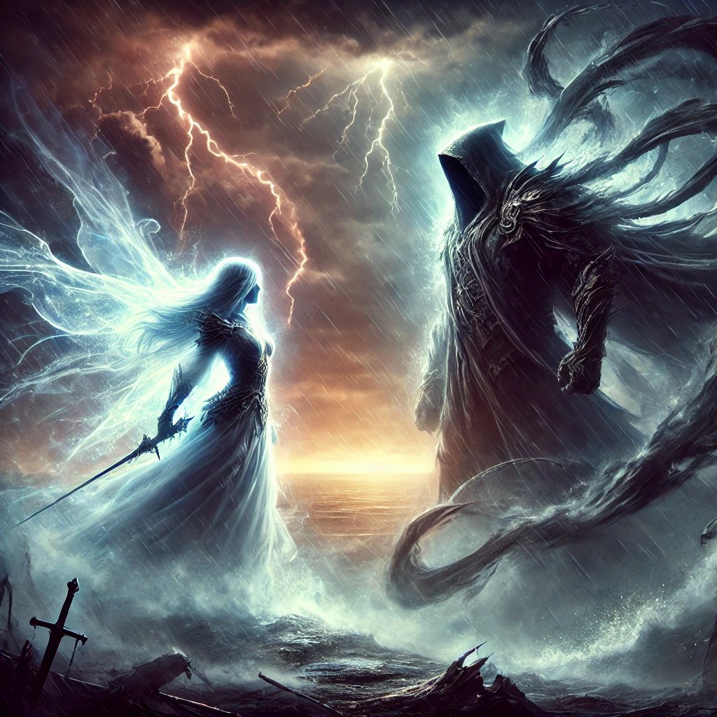 Epic fantasy battle scene of a glowing warrior with long flowing hair and a sword facing a hooded shadow figure in a stormy, lightning-lit landscape