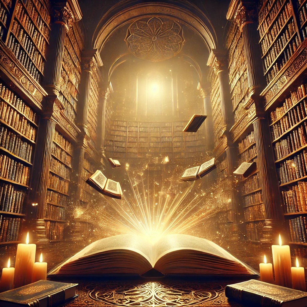 A grand fantasy library with towering bookshelves and glowing magical books floating in the air, symbolizing the magic of storytelling and New Adult fantasy fiction