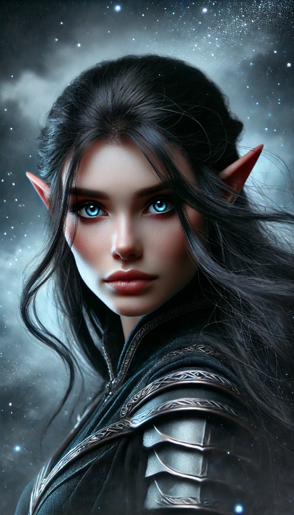 Close-up portrait of Arys, a young elven woman with long black hair and piercing blue eyes, against a stormy background with magical starlight