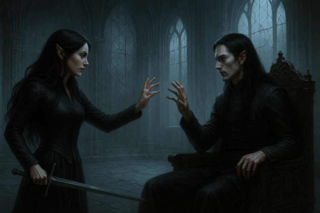 Fantasy illustration of a final confrontation between an Elven heroine and an immortal dark king in a shattered throne room, evoking tension and unexpected emotion.