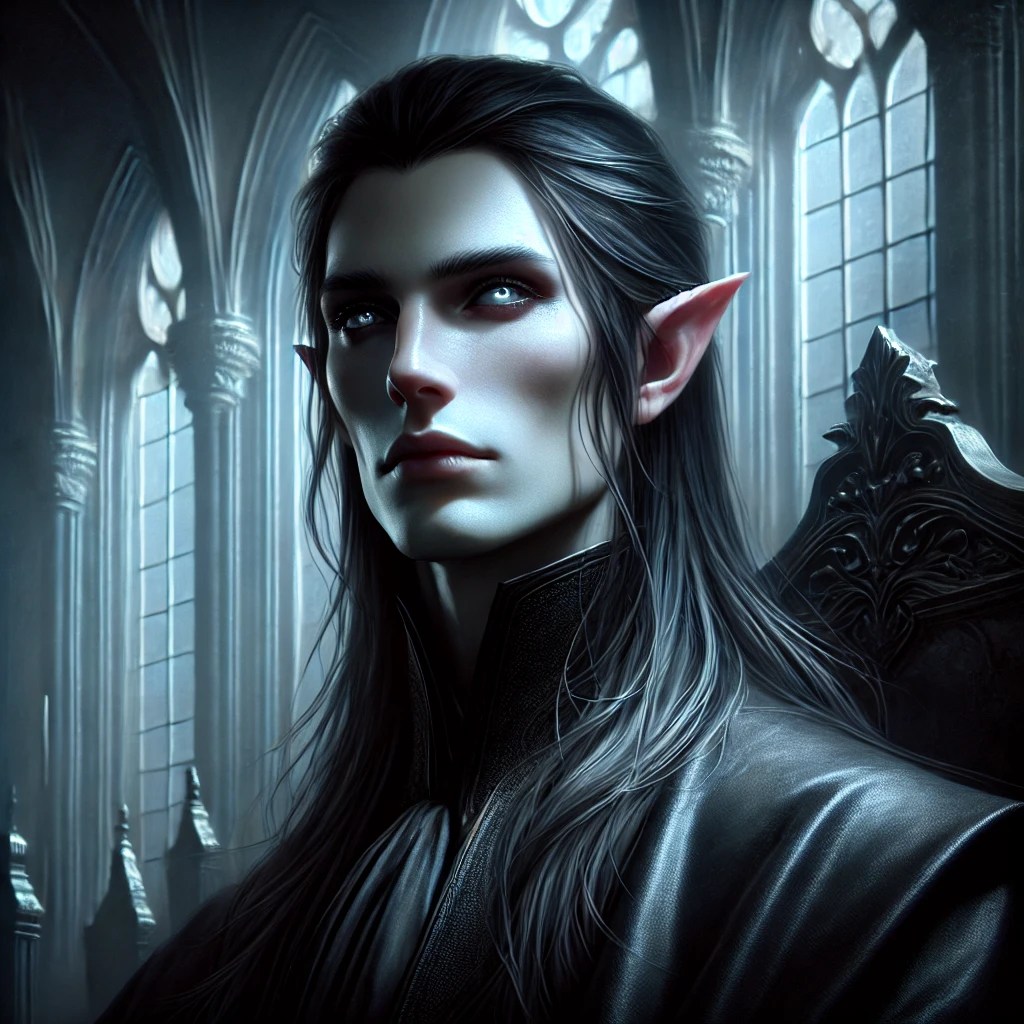 Portrait of Elobrix, an immortal elven king, seated in shadows on a Gothic throne in a medieval high fantasy hall with stained glass light
