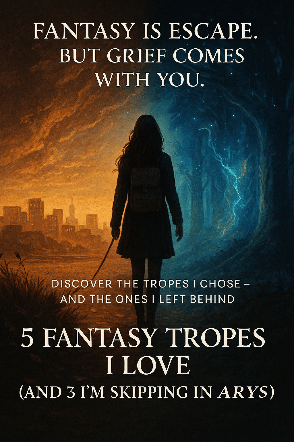 A girl stands between a city and a magical forest, symbolizing the emotional transition between worlds in the YA/NA fantasy novel Arys.