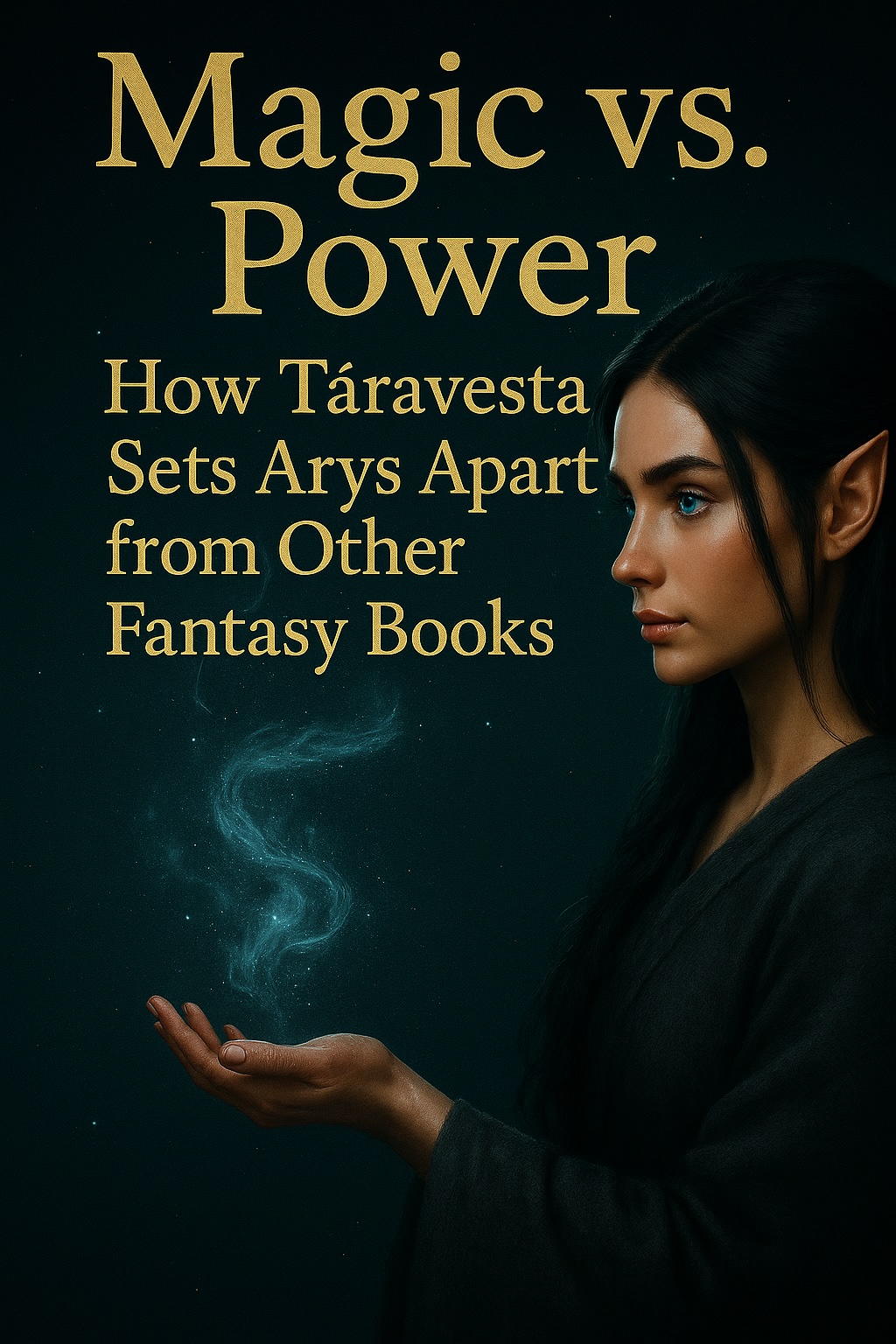 A young elven woman with long dark hair and glowing blue eyes conjures swirling blue magic under a starry night sky, with the title “Magic vs. Power” in bold golden serif text.
