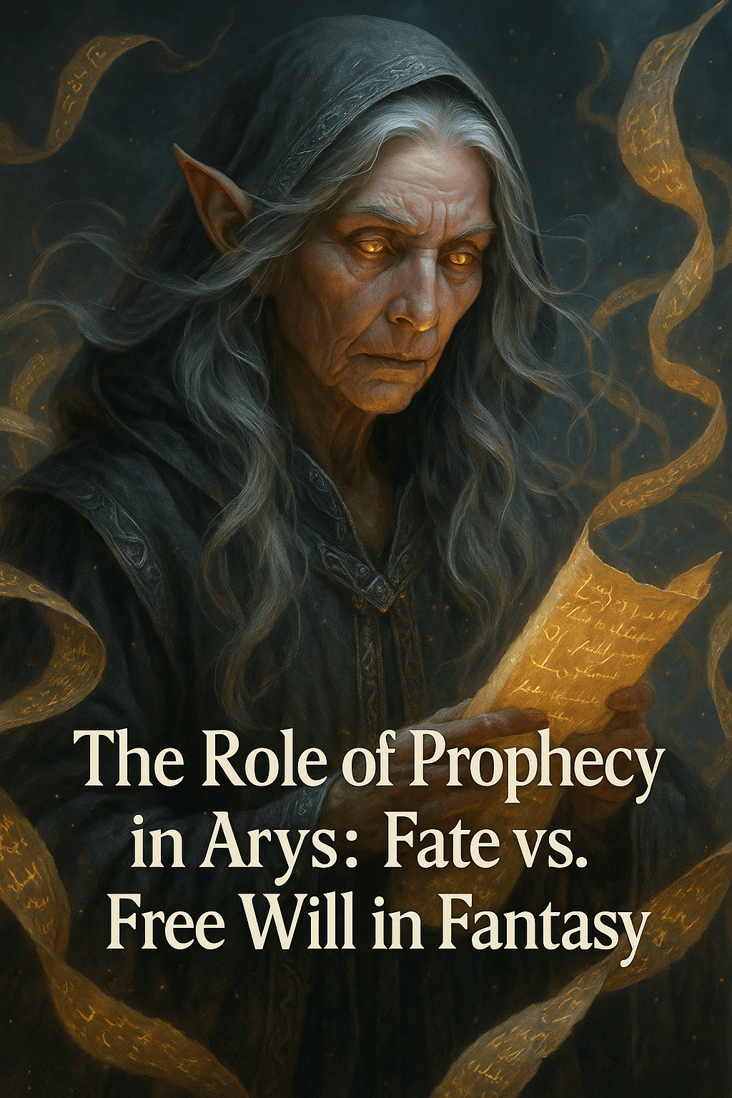 “Elven seer woman holding a glowing scroll surrounded by floating prophecies, fantasy digital painting for the Arys blog post on prophecy and free will.”